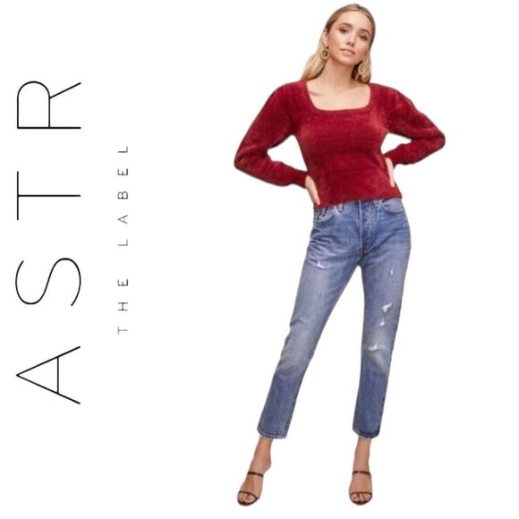 ASTR THE LABEL SQUARE NECK BURGUNDY WINE OX BLOOD FUZZY EYELASH SWEATER XL - Picture 3 of 16